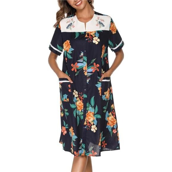 House Dress Womens Embroidered Housecoat Short Sleeve Duster Robe